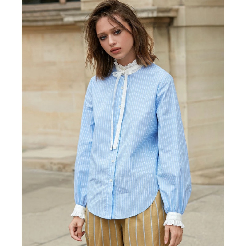 Mes Demoiselles Christofle Shirt Paris Blue Pinstripe Ruffle Bow Blouse Us 2